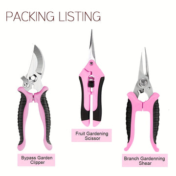 Juego de 3 Tijeras de Podar Rosa - Cuchillas de Acero Inoxidable para Cortar Flores/Frutas/Vainilla, Tijeras de Jardín Portátiles en Estuche (Regalo Ideal para Jardineros)