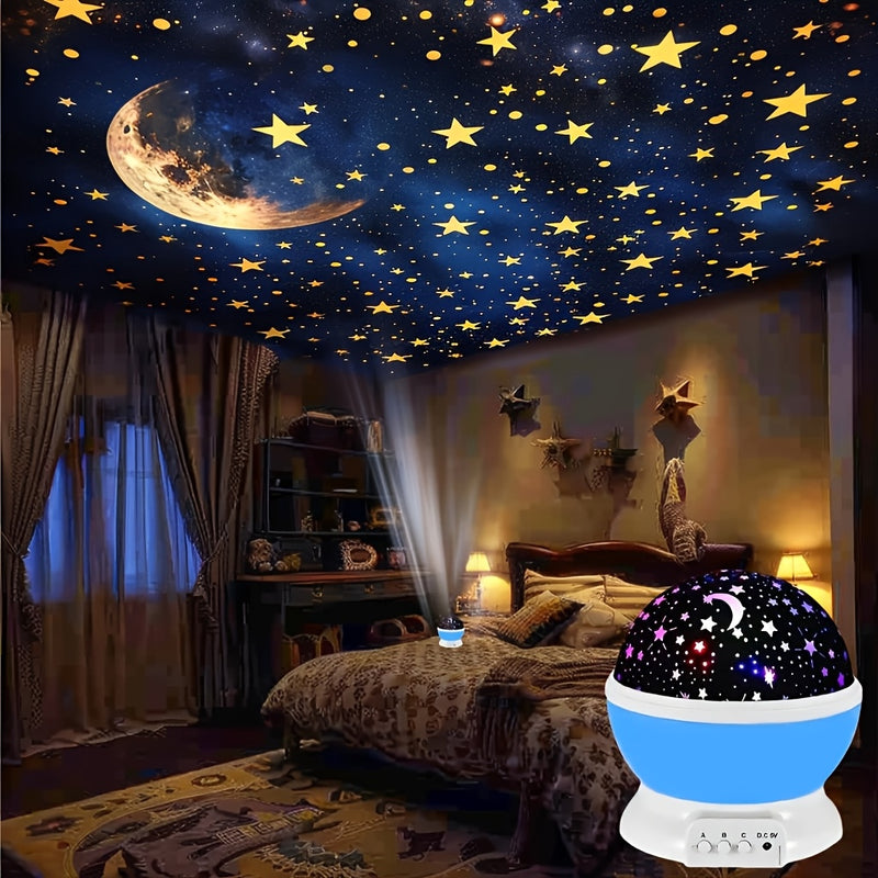 Un proyector que muestra un cielo estrellado, con luna y estrellas, funciona mediante USB, tiene una lámpara que gira 360°, ofrece varias opciones de color y es perfecto como regalo para adolescentes y adultos en diferentes celebraciones, ideal para deco