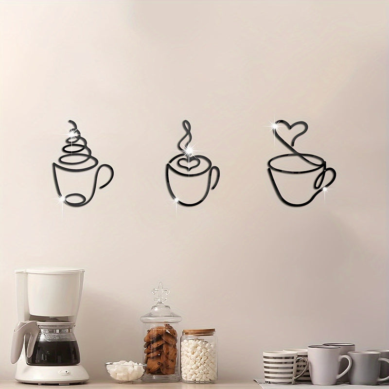 1 taza de café de metal negro moderno, escultura de patrón gráfico, decoración de tema cultural para pared para salón, restaurante, fondo de habitación, uso interior - Arte de hierro de lujo colgado en la pared