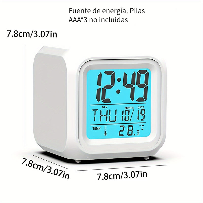 Reloj Despertador Digital LED de Colores con Visualización de Temperatura - Silencioso, Luminoso, Diseño Cuadrado, Pronóstico Meteorológico de 7 Días, Mostrador de Fecha y Hora, Funciona con Pilas AAA (Pilas No Incluidas), Relojes para Dormitorios