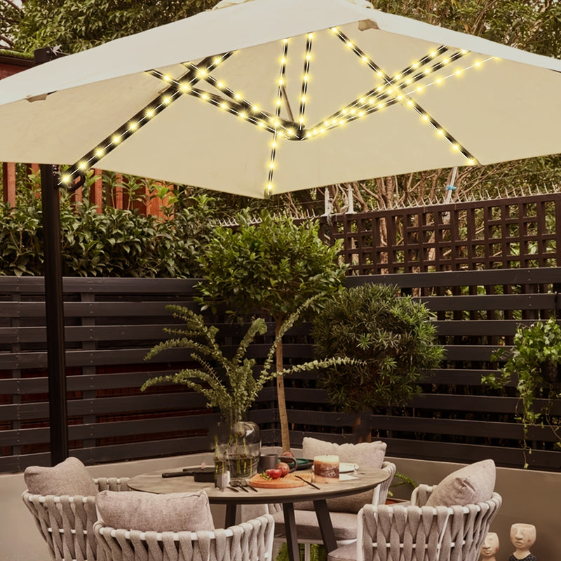 1pc Sombrilla Solar con Luz, Gran Sombrilla Rectangular para Exterior con Base y Soporte, Diseño Doble Cara con 104 Luces LED Solares, 8 Modos de Iluminación Control Remoto, Blanco Cálido para Jardín o Piscina, Beige, Incluye Batería