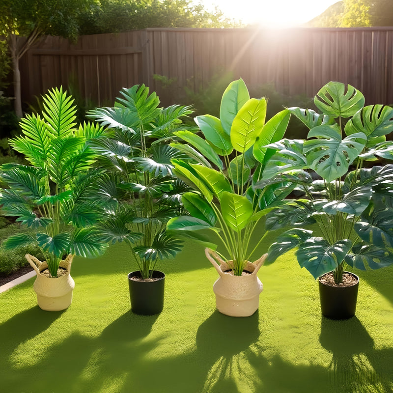 Juego de 4 piezas, incluye combinación de plantas artificiales de hojas grandes. Ideal para exteriores—árbol decorativo tropical de hoja ancha, macetas para interior y exterior todo el año, bodas, hoteles, jardines, patios estilo nórdico, decoraciones pa