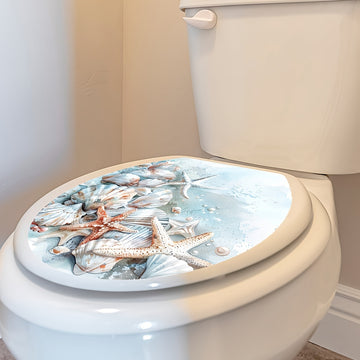 Pegatina de tapa de inodoro con diseño de playa, concha, estrella de mar - Alfombra de plástico autoadhesiva con acabado mate, patrón de dibujos animados, impermeable y extraíble, de un solo uso, forma rectangular para decoración de baños