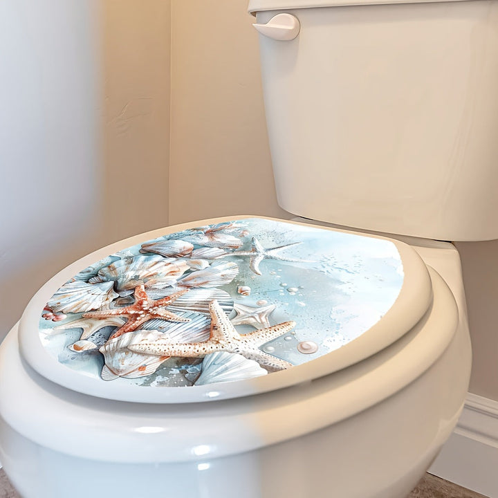 Pegatina de tapa de inodoro con diseño de playa, concha, estrella de mar - Alfombra de plástico autoadhesiva con acabado mate, patrón de dibujos animados, impermeable y extraíble, de un solo uso, forma rectangular para decoración de baños
