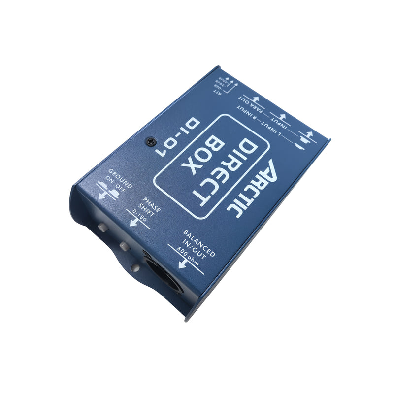 Unidad DI pasiva profesional DI-01, construcción de acero, conexión de guitarra y bajo, salida de audio de alta calidad para producción musical, equipo de grabación de estudio.