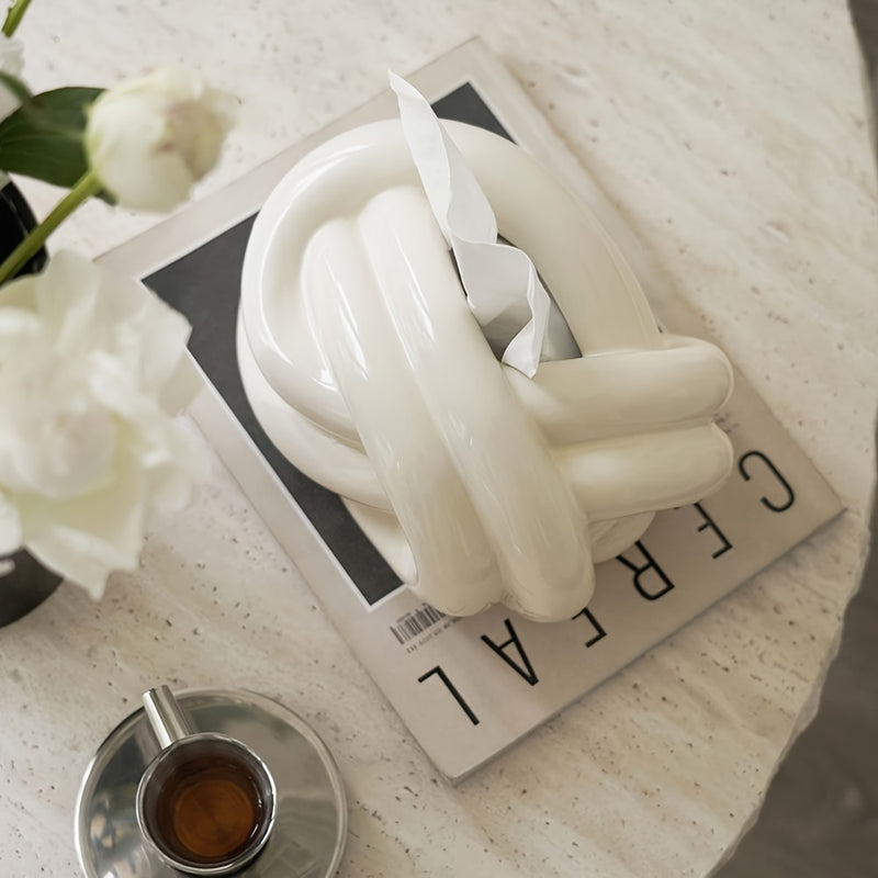 1 pieza de Cubierta para Caja de Pañuelos con Diseño de Nudo Cerámico - Portaservilletas Redondo Moderno en Beige y Blanco, Decoración Elegante para Baño, Sala de Estar, Encimera del Tocador