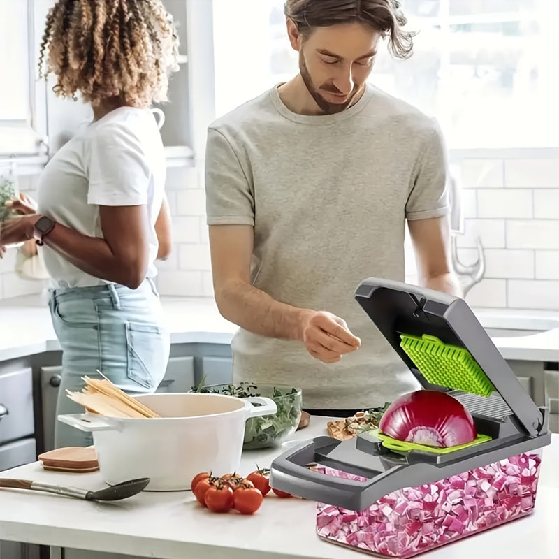 Juego de picadora de verduras 16 en 1 | 8 cuchillas, contenedor, pelador y filtro | Preparación fácil de comidas, cebolla profesional, zanahoria y picadora de ajo, suministros de cocina