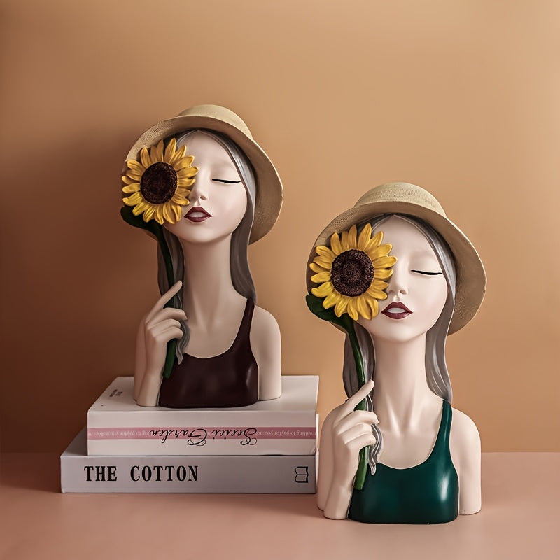 Moderna figura de girasol de resina de lujo para niña, decoración creativa de interiores para sala de estar, mueble de TV, mueble de vino, entrada - No necesita electricidad, elegante artesanía de adorno para el hogar