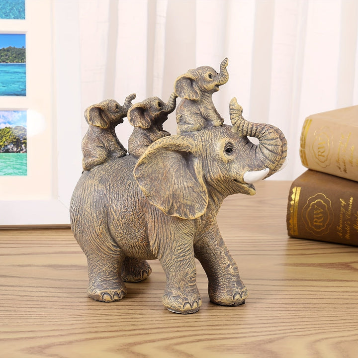 3 pequeños elefantes montados en una estatua de elefante, adorno animal, adecuado para sala de estar, escritorio, estantería de libros, decoración del hogar.