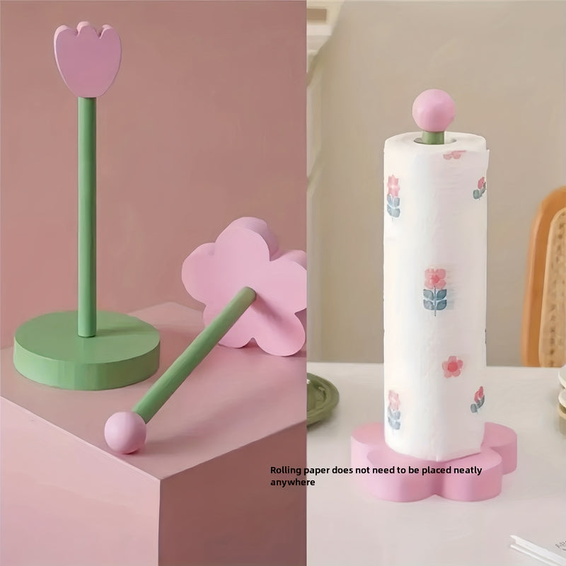 Porta Rollos de Papel Higiénico con Diseño Floral Encantador - Dispensador Independiente sin Taladro en Rosa Pastel y Verde, Madera Natural de Pino para Cocina, Baño o Sala - Decoración Elegante, Organizador Rústico, Duradero, Regalo Ideal para Interiores