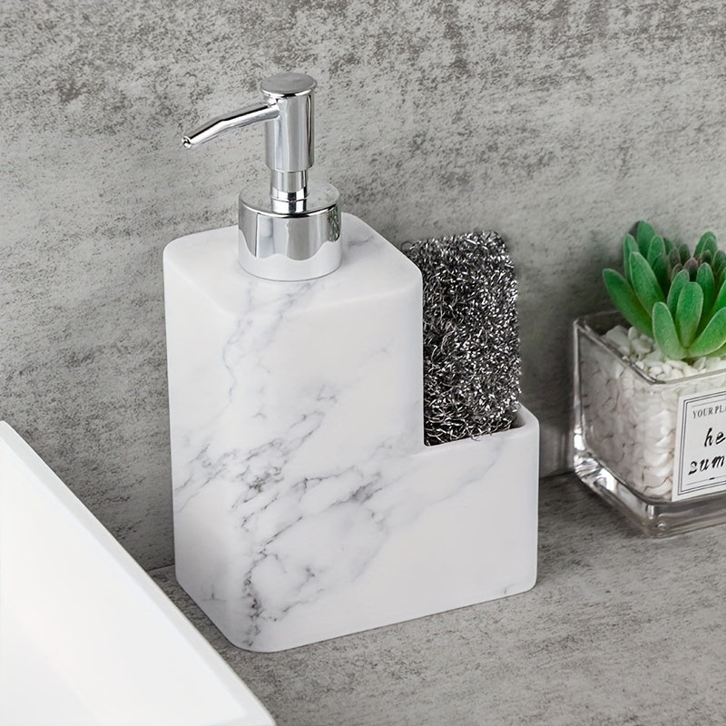 Dispensador de jabón de mármol blanco elegante con soporte de cepillo - Autónomo, no necesita electricidad, material de resina, ideal para encimeras de cocina y baño, incluye almacenamiento de almohadilla de limpieza, dispensador de jabón para baño