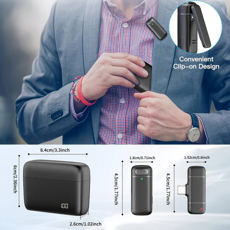 Micrófono inalámbrico lavaliere adecuado para dispositivos de tipo C, micrófono de solapa con clip y juego de enchufe, con cancelación de ruido automática, para grabación de video, transmisión en vivo, entrevistas, TikTok, YouTube (2 micrófonos)