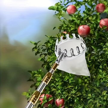 Pica de frutas telescópica portátil de acero inoxidable - Agarre antideslizante duradero sin rastros para mango, tomate, cerezas y más - Herramienta de cosecha manual con mango ergonómico y cesta de almacenamiento segura