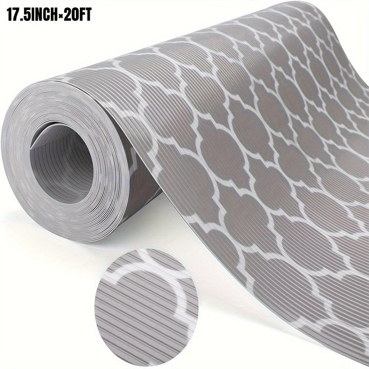 1 Rollo de Forro para Estantes Impermeable y No Adhesivo con Diseño Elegante de Trébol Gris y Blanco y Ondas - Tapete de Plástico Duradero y Cortable para Refrigeradores, Cajones de Cocina, Armarios | Antideslizante, Impermeable, Mantel para Refrigerador