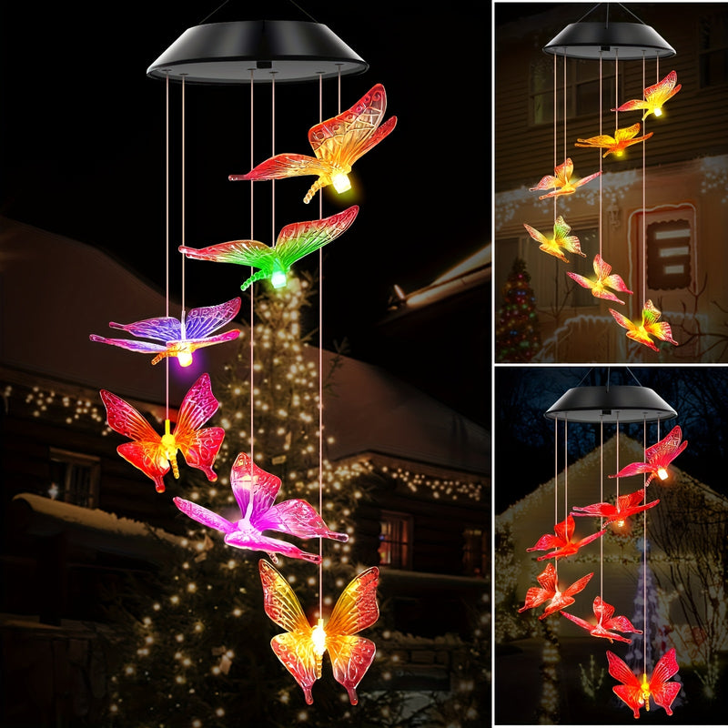 Campana de Viento con Luz de Mariposa a Energía Solar - Morado y Amarillo, No Necesita Cableado, Perfecta para Jardín, Patio y Decoración de Balcón, LED, Luz Nocturna