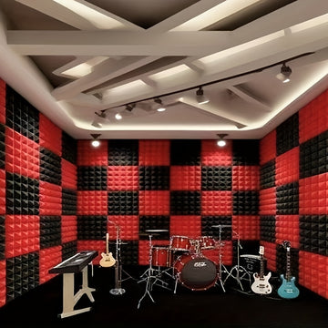 24 piezas, panel de absorción de sonido de algodón de pirámide de 12 * 12 * 2 pulgadas, negro y rojo (12 piezas negras + 12 piezas rojas), adecuado para paredes de estudios de grabación, salas de música, estudios de baile, paneles acústicos, salas de jue