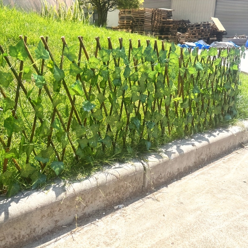Paquete de 1 Valla de Privacidad Expandible de Madera Maciza - Diseño Ajustable con Hojas y Vegetación Artificial, Madera Marrón de Abeto para Jardín, Patio, Balcón - Barrera Decorativa Exterior para Navidad, Protección Solar, Mascotas & Decoración Rústi