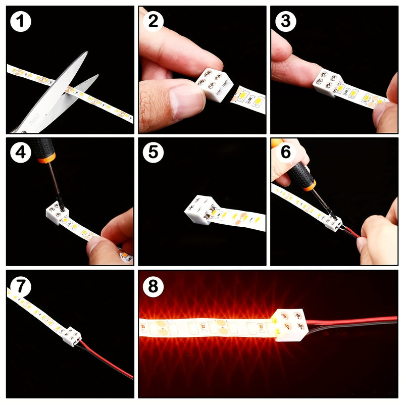 7 unidades de conectores de cinta adhesiva LED de fijación de tornillo, sin soldadura, 2 pines, 8 mm, placa a alambre, un destornillador, adecuado para tiras LED 2835 y 3528.