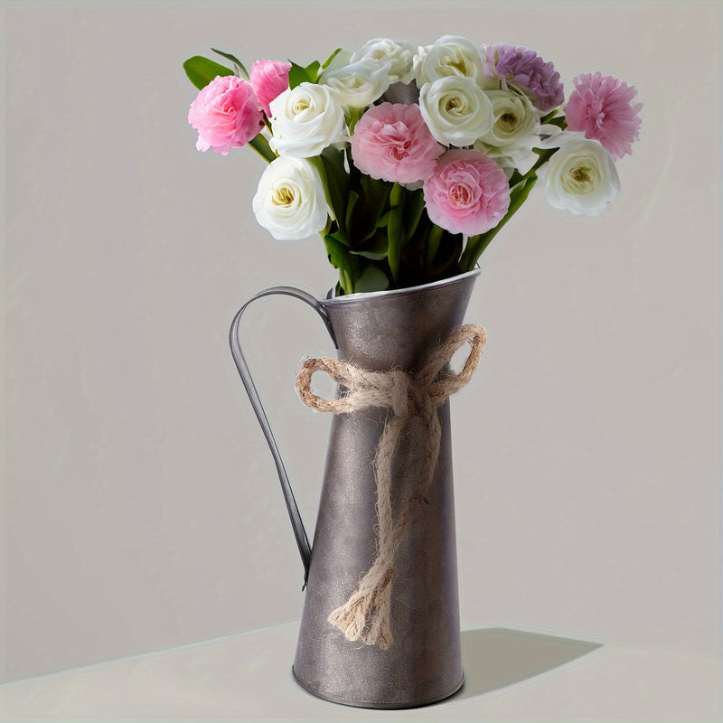 2 piezas de jarrón vintage estilo granja, jarrones rústicos de metal galvanizado para flores secas, macetero shabby chic, jarra de metal con asa para decoración de bodas, hogar y jardín