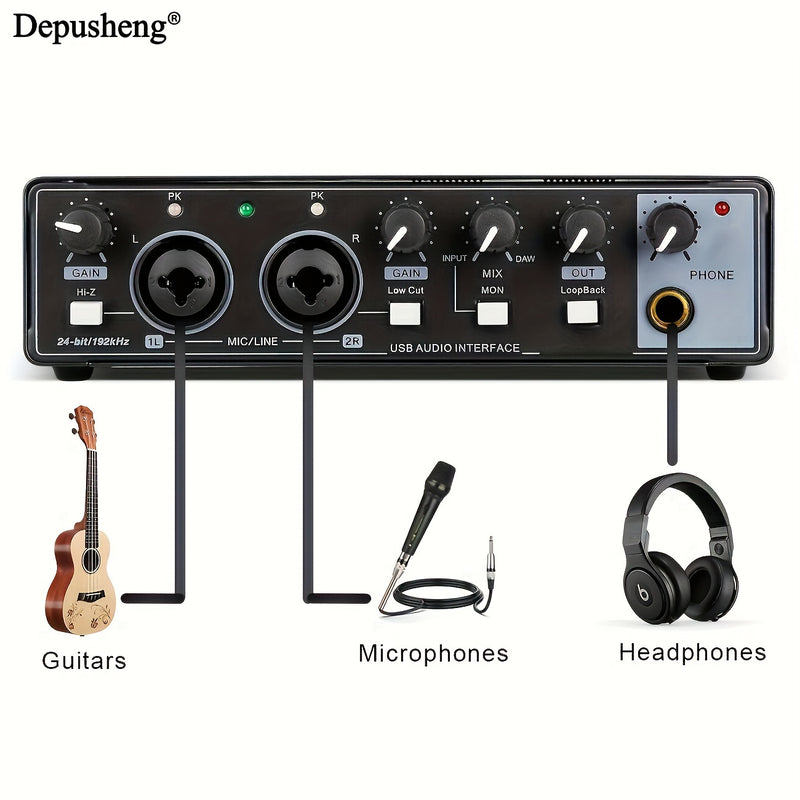 Interfaz de Audio USB de Alta Fidelidad Depusheng con Micrófono, 24-Bits/192kHz, XLR, Alimentación Fantasma, Convertidor de Precisión Integrado para Muestreo Preciso de hasta 24-Bits/192kHz - ABS Duradero, Negro - Ideal para Streaming y Grabación de Músi
