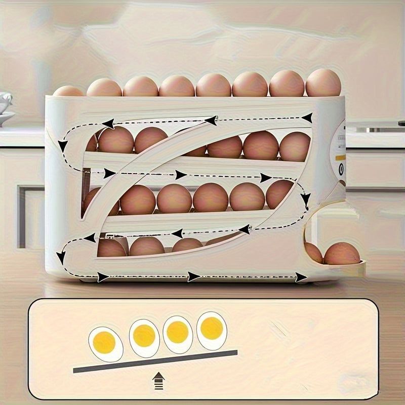 Estante de huevos giratorio de 4 capas - Diseño de puerta lateral que ahorra espacio, puede contener 30 huevos, acabado brillante y liso, asa conveniente, adecuado para almacenamiento en cocina y refrigerador | Accesorios de cocina modernos | Material pl
