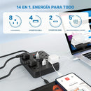 Regleta de 14 en 1, 8 tomacorrientes, 4 puertos USB, 2 puertos USB-C, cable de extensión de 152.4/304.8 cm, enchufe plano, montaje en pared, protección contra sobrecargas, supresor de picos, ideal para carga en el hogar y oficina