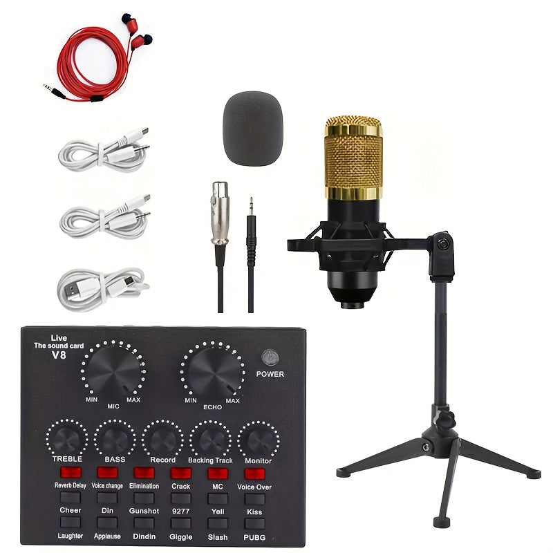 Paquete de equipo de podcasting de escritorio V8 con interfaz de audio y tarjeta de sonido en vivo integrada, y micrófono condensador BM800. Micrófono de podcasting adecuado para grabación, transmisión y streaming en vivo.