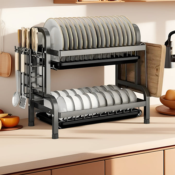 Organizador multifuncional de utensilios metálico, escurridor de platos de dos o tres niveles con soporte para palillos y tabla de cortar, accesorio de cocina de gran capacidad para encimeras, disponible en 2 modelos, color