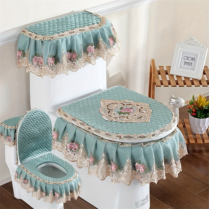 Juego de tres piezas de alfombra para inodoro estilo europeo con encaje, cubierta de inodoro doméstica, funda de inodoro con cremallera para las cuatro estaciones, cojín de inodoro universal