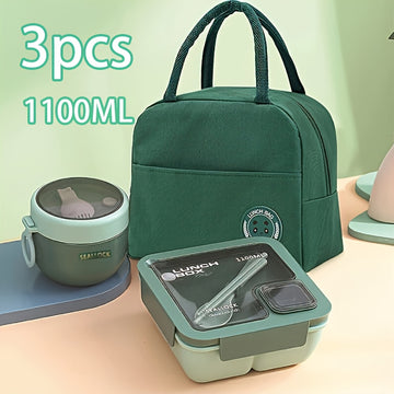 Juego de 3 Piezas de Lonchera con Tapa Antifugas y Bolsa Aislante, Contenedor Grande para Alimentos Portátil para Escuela, Oficina, Camping, Picnic o Cocina, Incluye Palillos y Cuchara, Ideal para Regalo