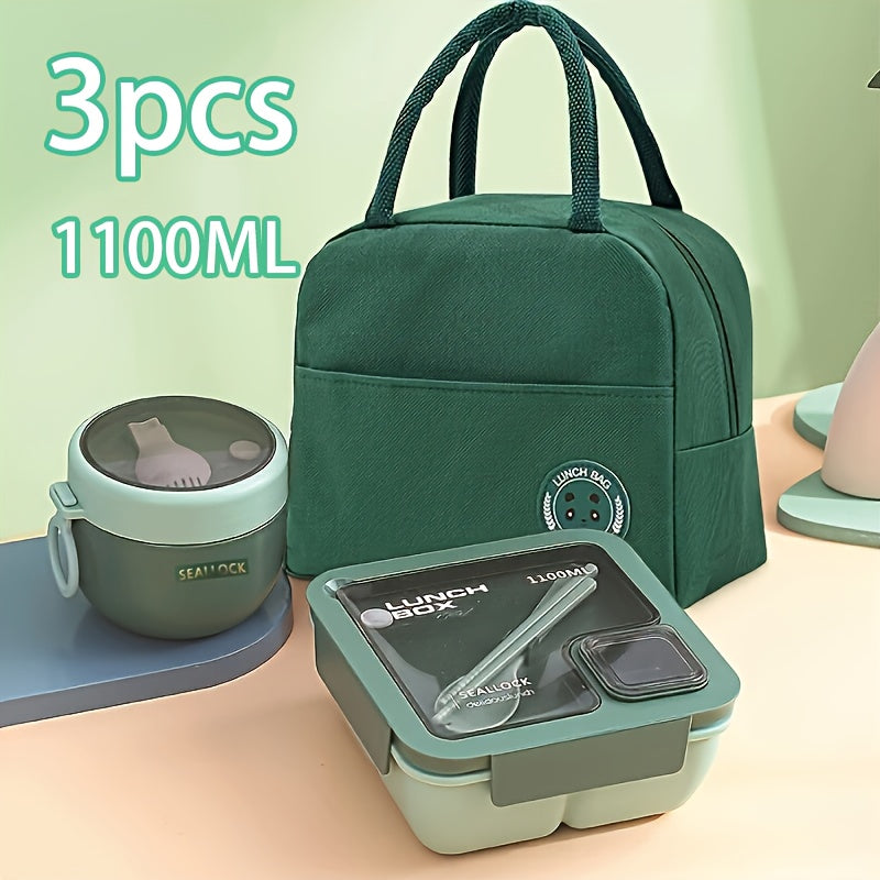 Juego de 3 Piezas de Lonchera con Tapa Antifugas y Bolsa Aislante, Contenedor Grande para Alimentos Portátil para Escuela, Oficina, Camping, Picnic o Cocina, Incluye Palillos y Cuchara, Ideal para Regalo
