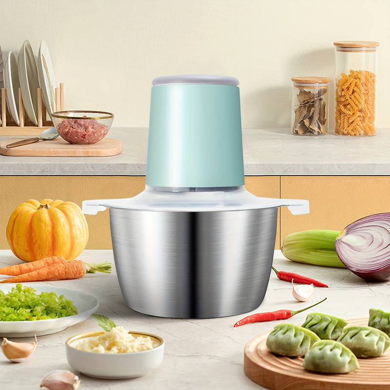 1pc Trituradora de Carne Eléctrica de Acero Inoxidable de 2L, Procesador de Alimentos, Picadora de Alimentos, Utilizada para Carne, Verduras, Frutas y Nueces, con 4 Cuchillas Afiladas, Recargable por USB 148W, 8 Tazas, 7.4V