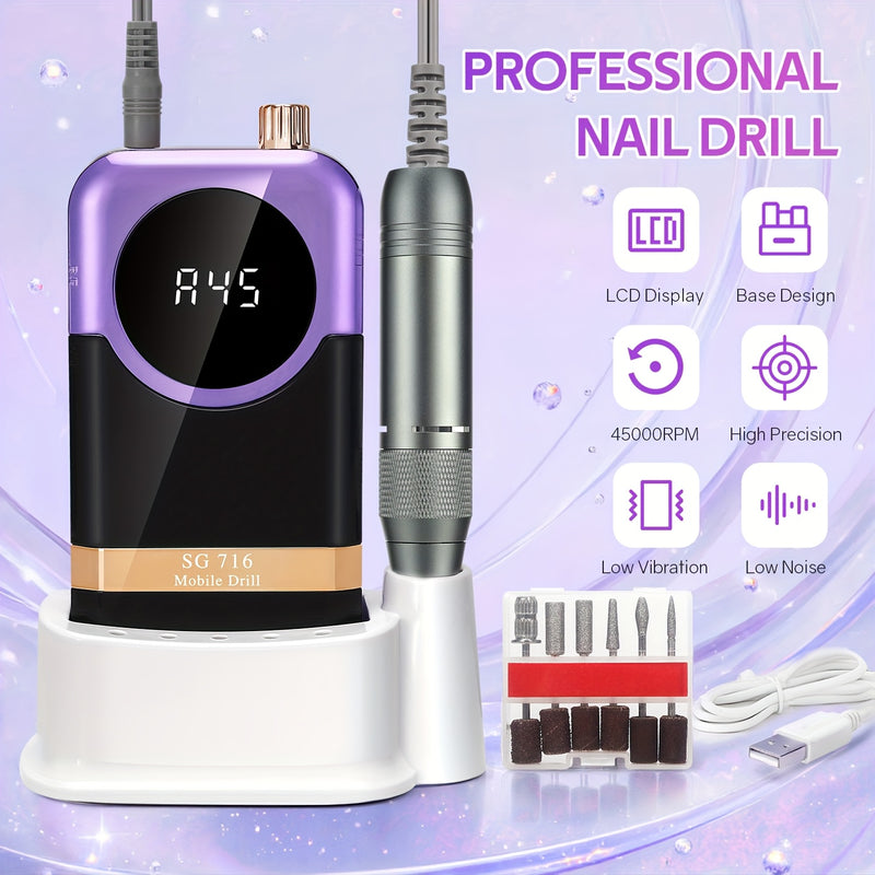 Kit de Máquina Profesional para Uñas Recargable 45000 RPM con Lima Eléctrica para Manicura, Eliminación y Pulido de Gel