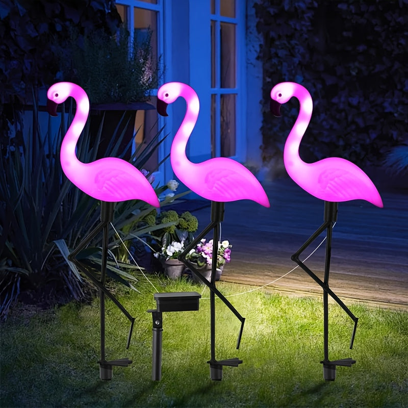 Juego de 3 luces solares de flamencos, decoración para jardín exterior, adorno de flamencos, regalo para cumpleaños, Navidad o casa nueva, ideal para patio, césped o pasillos