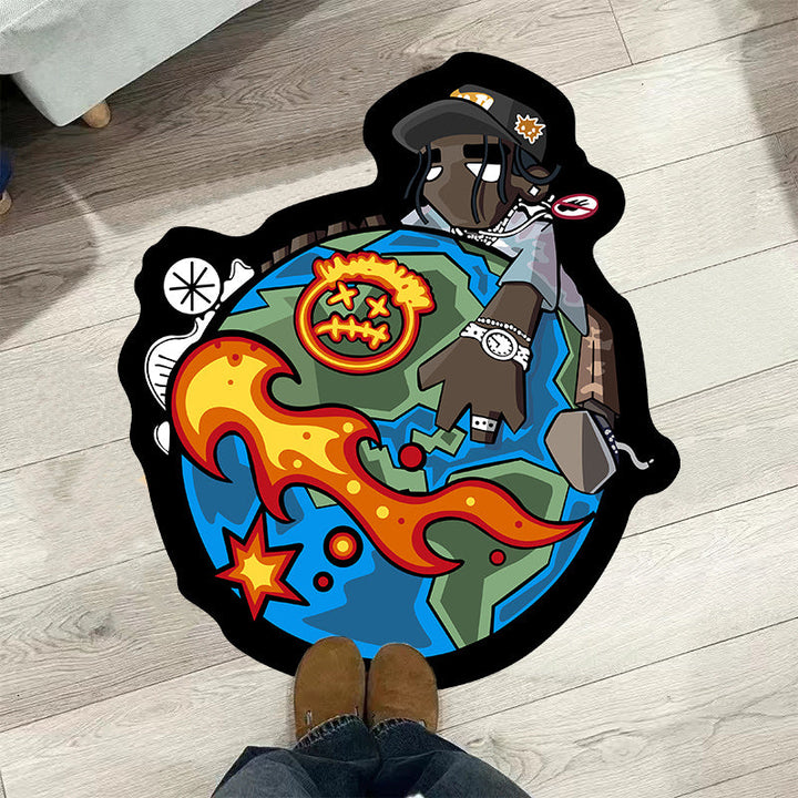 1 alfombra redonda inspirada en el hip hop - Diseño de personajes de dibujos animados vibrantes con llamas, estrellas y motivos de la Tierra, alfombra de poliéster negro y azul para dormitorio o sala de estar, alfombra de área para interiores | Acento de