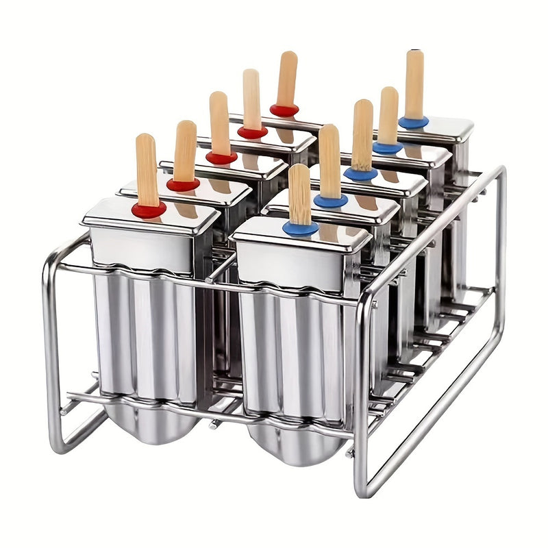 Juego de 6/10 moldes para paletas de hielo de acero inoxidable 304 con tapa y base de soporte para paletas de hielo de acero inoxidable y molde de paleta de hielo de metal DIY para hacer paletas de frutas creativas, herramientas de cocina