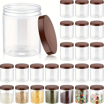 9 piezas de 16 onzas de frascos de plástico transparente con tapas marrones - Diseño con rosca y hermético para frutas secas, miel, nueces y más - Incluye etiquetas y bolígrafo, ideal para almacenamiento de cocina, accesorios para frascos de mason