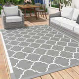 Alfombra reversible grande de plástico trenzado en gris y blanco, tapete portátil para exteriores, patio, terraza, balcón, camping y picnics, lavable a máquina, tapete para camping, alfombra decorativa para exteriores, alfombra de plástico resistente