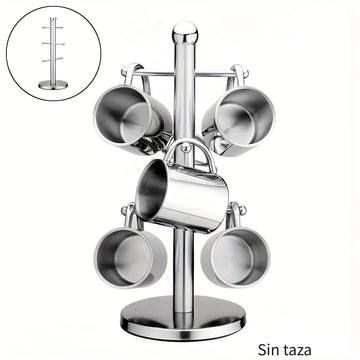 1pc Soporte de árbol de taza de acero inoxidable, acabado pulido, soporte de 6 tazas, con base antideslizante, para almacenamiento de tazas de café y té, mesa plana, encimera de cocina y mesa de gabinete