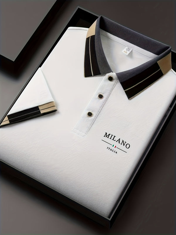 Camiseta polo ligera y suave para hombre con estampado de letras "MILANO ITALIA" - Transpirable para verano, uso casual y empresarial, ajuste regular, cuello con botones, perfecta para vacaciones y uso diario, ropa de vacaciones, diseño de contraste eleg