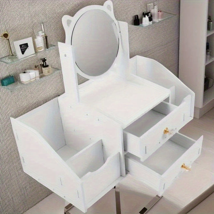 1 pieza de tocador moderno blanco con espejo redondo y bandeja giratoria de dos niveles - Ideal para dormitorio y artículos de viaje, estación de maquillaje multifuncional con cajón y estantes abiertos, tocador de viaje | Diseño moderno de tocador | Dise