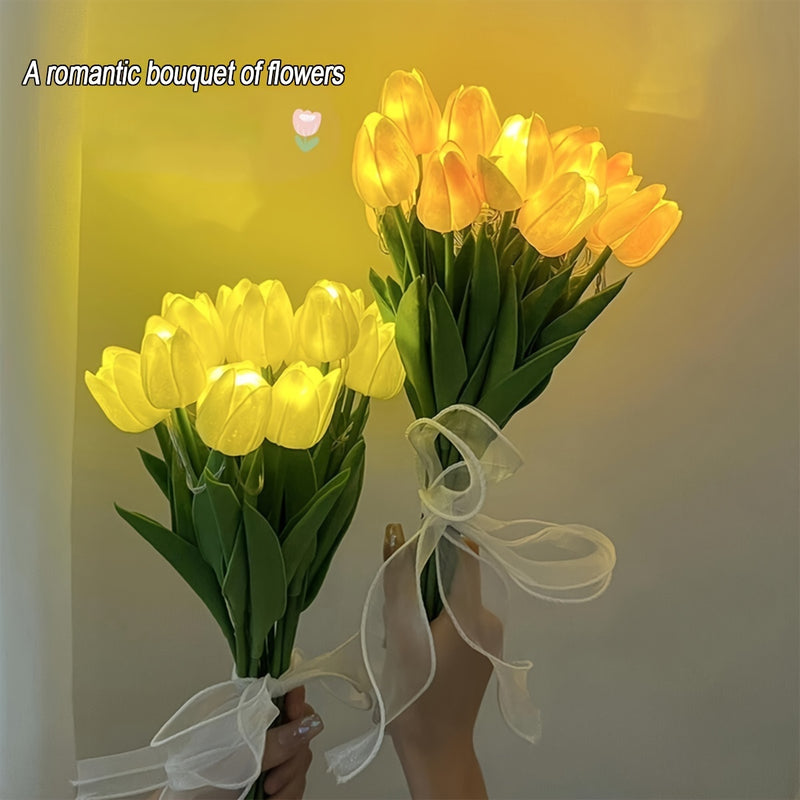 Luz Nocturna LED de Tulipán - 5/10/15 Flores, Funciona con Pilas (AA), Perfecta para Regalos de Parejas y Cumpleaños, Adorno Decorativo Moderno para Mesa