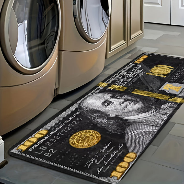 1pc, Alfombra antifatiga de poliéster con figura negra y dinero, alfombra suave y acogedora de 100 dólares, para entrada, alfombra de dormitorio, sala de estar, sala de lectura, alfombra de lavandería, pasillo.