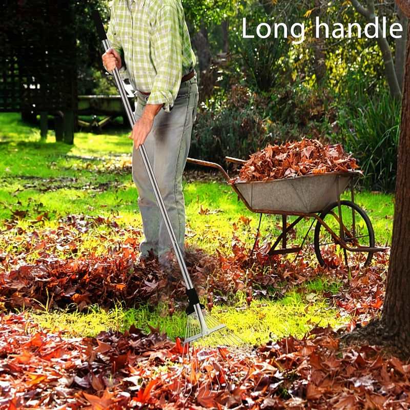 1 pieza de rastrillo de jardín ajustable de gran resistencia con cabeza expansible - Rastrillo de jardín plegable para césped, camping, arbustos y ro - Mango negro, no necesita baterías, rastrillo de jardín expansible, herramienta de cuidado de césped, m