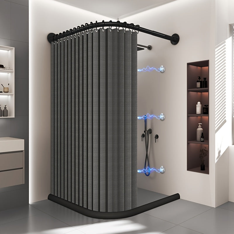 Cortina de baño plegable para esquinas curvas, 1 juego, separación de áreas secas y húmedas, con ganchos rodantes negros, succión magnética doble, material de lino imitación en ambos lados, ideal para baño de casa o vestidor