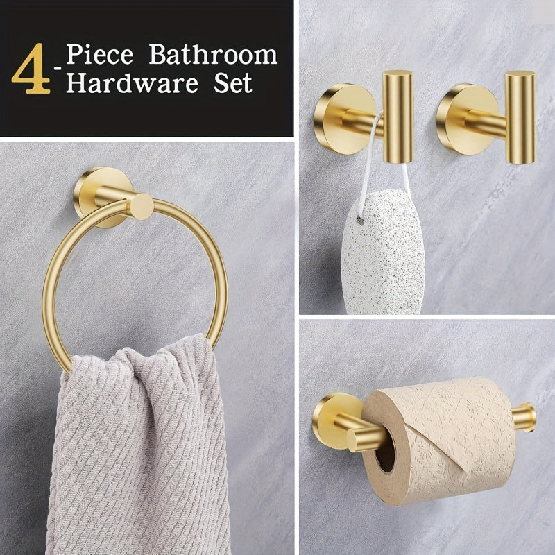 Juego de accesorios de baño, 4 piezas, incluye soporte de papel higiénico, anillo de toallas y 2 ganchos de toallas, juego de accesorios de baño con montaje en pared de acero inoxidable, negro, plateado, dorado.