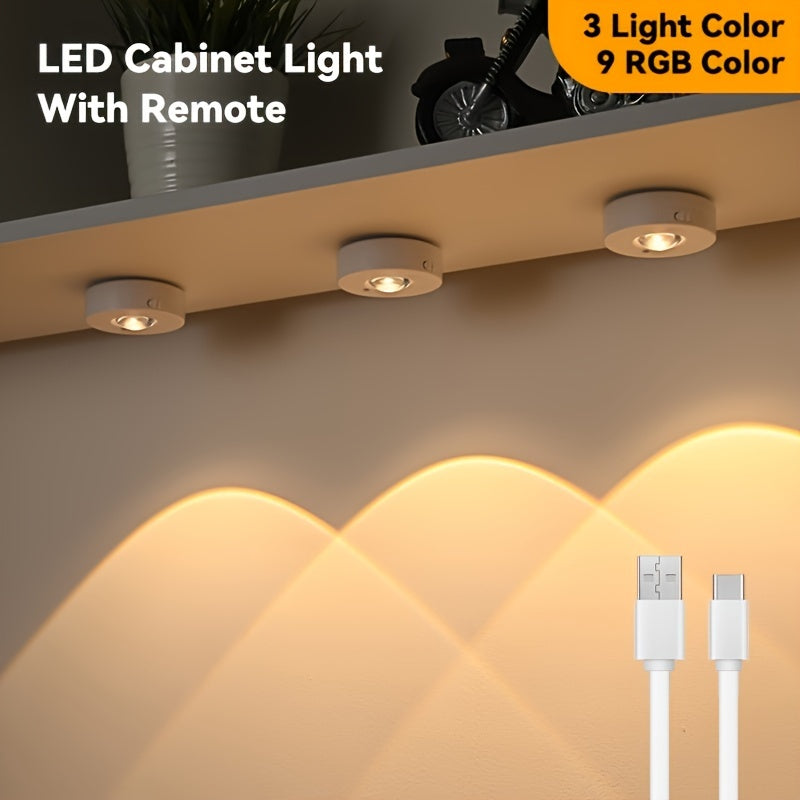 Luces redondas pequeñas de un paquete o tres, luces nocturnas cambiantes de color con control remoto, luces de gabinete recargables, pequeñas lámparas cambiantes de color dinámico.