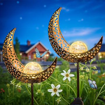 Luz de forma de luna alimentada por energía solar - Decoración de metal impermeable con vidrio agrietado, ideal para césped y jardín, iluminación de camino al aire libre (IP65), batería de níquel cargada por energía solar, 600mAh, iluminación de camino a