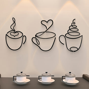 1 taza de café de metal negro moderno, escultura de patrón gráfico, decoración de tema cultural para pared para salón, restaurante, fondo de habitación, uso interior - Arte de hierro de lujo colgado en la pared