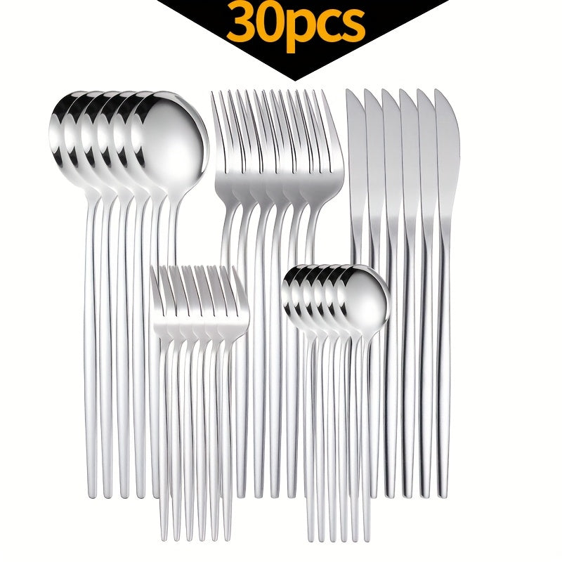 Juego de cubiertos de acero inoxidable, 30 piezas - Tenedores, cucharas y cucharitas para postres, ideal para hogar y restaurante